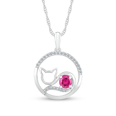 4.5mm Pink and White Lab-Created Sapphire Circle Frame Cat Pendant in Sterling Silver