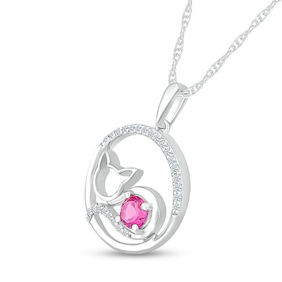 4.5mm Pink and White Lab-Created Sapphire Circle Frame Cat Pendant in Sterling Silver