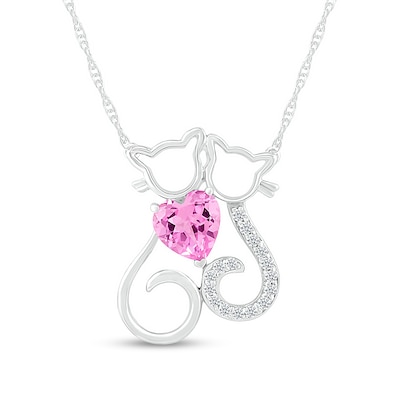 6.0mm Heart-Shaped Pink and White Lab-Created Sapphire Motherly Love Cat and Kitten Necklace in Sterling Silver