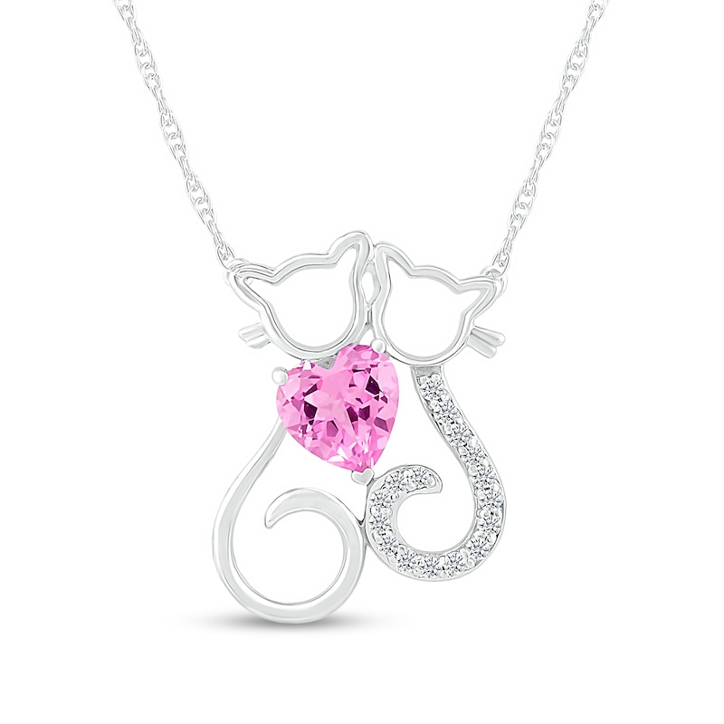 6.0mm Heart-Shaped Pink and White Lab-Created Sapphire Motherly Love Cat and Kitten Necklace in Sterling Silver|Peoples Jewellers