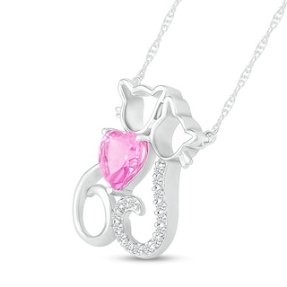 6.0mm Heart-Shaped Pink and White Lab-Created Sapphire Motherly Love Cat and Kitten Necklace in Sterling Silver