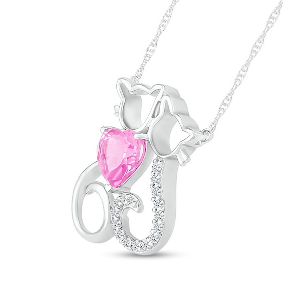 6.0mm Heart-Shaped Pink and White Lab-Created Sapphire Motherly Love Cat and Kitten Necklace in Sterling Silver