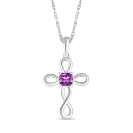 4.0mm Cushion-Cut Amethyst Solitaire Loop Cross Pendant in Sterling Silver