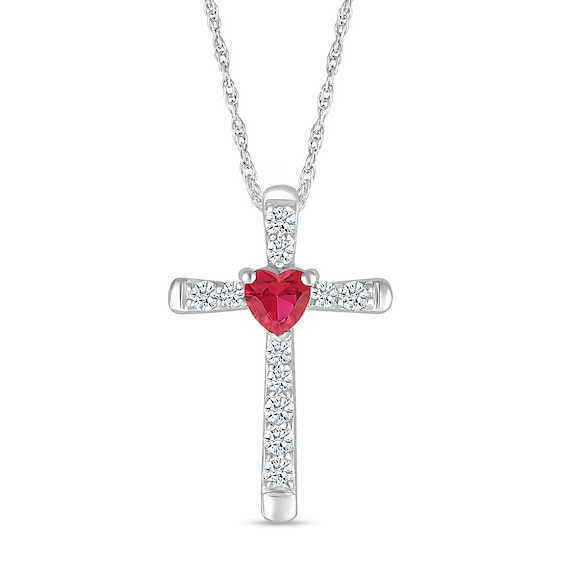 4.0mm Heart-Shaped Lab-Created Ruby and White Lab-Created Sapphire Cross Pendant in Sterling Silver