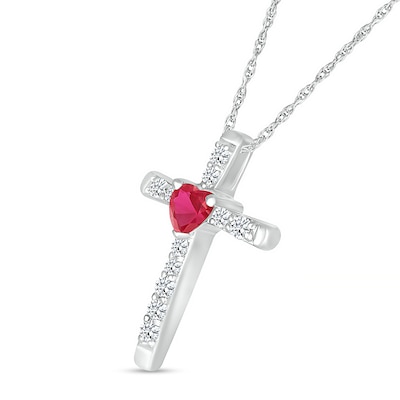 4.0mm Heart-Shaped Lab-Created Ruby and White Lab-Created Sapphire Cross Pendant in Sterling Silver