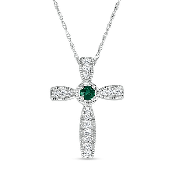 Lab-Created Emerald and White Lab-Created Sapphire Graduated Vintage-Style Cross Pendant in Sterling Silver