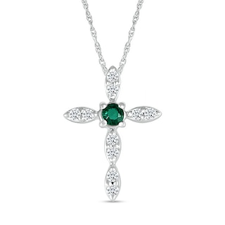 3.0mm Lab-Created Emerald and White Lab-Created Sapphire Duo Marquise Cross Pendant in Sterling Silver