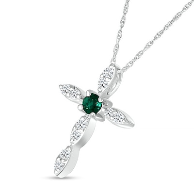 3.0mm Lab-Created Emerald and White Lab-Created Sapphire Duo Marquise Cross Pendant in Sterling Silver