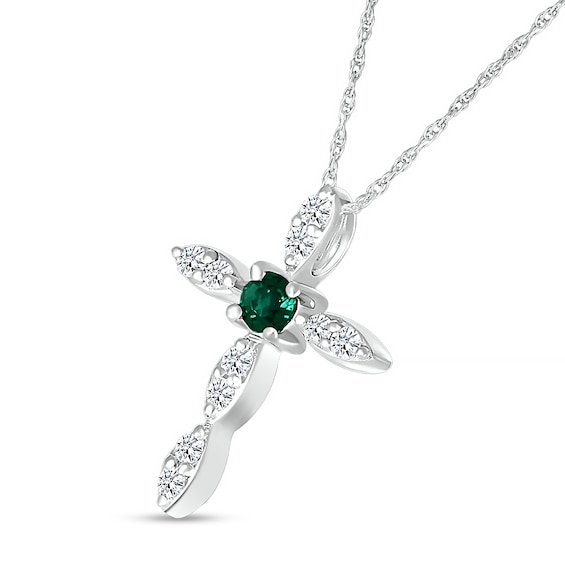 3.0mm Lab-Created Emerald and White Lab-Created Sapphire Duo Marquise Cross Pendant in Sterling Silver