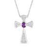 Oval Amethyst and White Lab-Created Sapphire Graduated Flared Cross Pendant in Sterling Silver