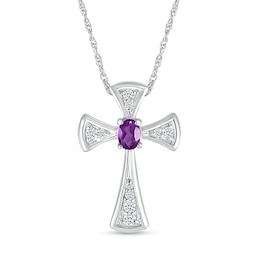 Oval Amethyst and White Lab-Created Sapphire Graduated Flared Cross Pendant in Sterling Silver