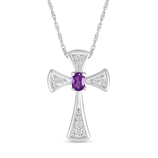 Oval Amethyst and White Lab-Created Sapphire Graduated Flared Cross Pendant in Sterling Silver