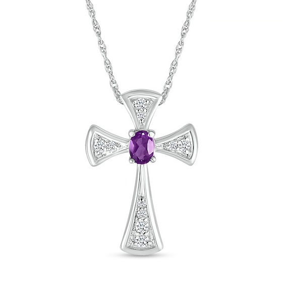 Oval Amethyst and White Lab-Created Sapphire Graduated Flared Cross Pendant in Sterling Silver