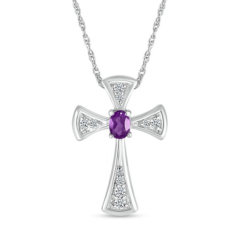 Oval Amethyst and White Lab-Created Sapphire Graduated Flared Cross Pendant in Sterling Silver|Peoples Jewellers