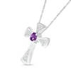 Thumbnail Image 1 of Oval Amethyst and White Lab-Created Sapphire Graduated Flared Cross Pendant in Sterling Silver