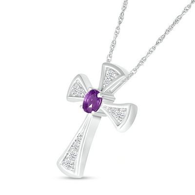 Oval Amethyst and White Lab-Created Sapphire Graduated Flared Cross Pendant in Sterling Silver