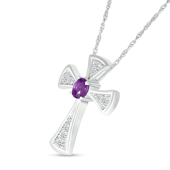 Oval Amethyst and White Lab-Created Sapphire Graduated Flared Cross Pendant in Sterling Silver