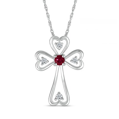 3.0mm Lab-Created Ruby and White Lab-Created Sapphire Heart-Ends Cross Pendant in Sterling Silver