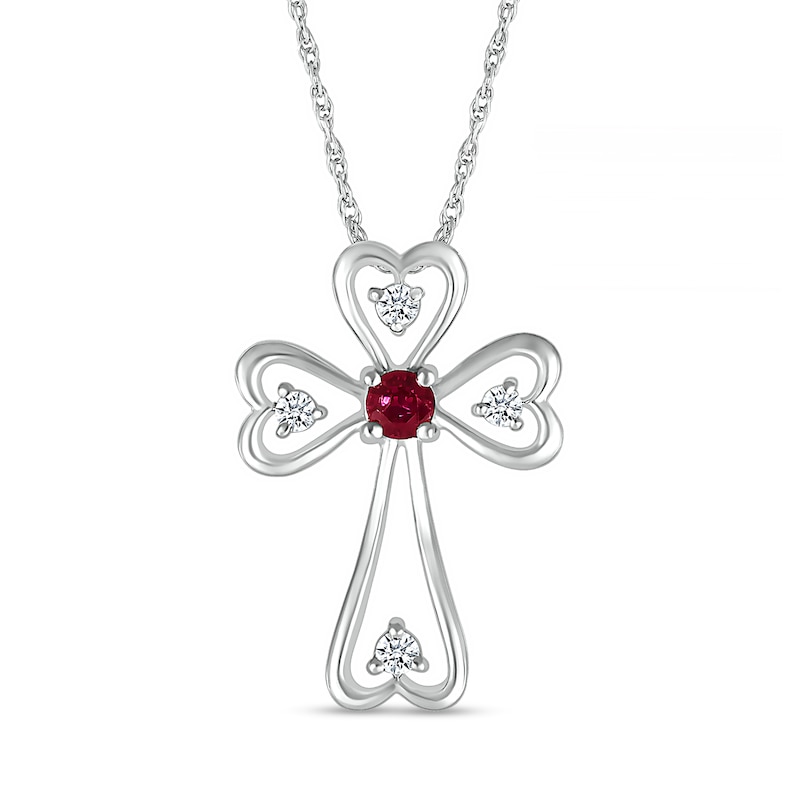3.0mm Lab-Created Ruby and White Lab-Created Sapphire Heart-Ends Cross Pendant in Sterling Silver|Peoples Jewellers