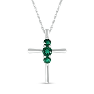 Lab-Created Emerald Vertical Three Stone Cross Pendant in Sterling Silver