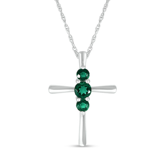 Lab-Created Emerald Vertical Three Stone Cross Pendant in Sterling Silver