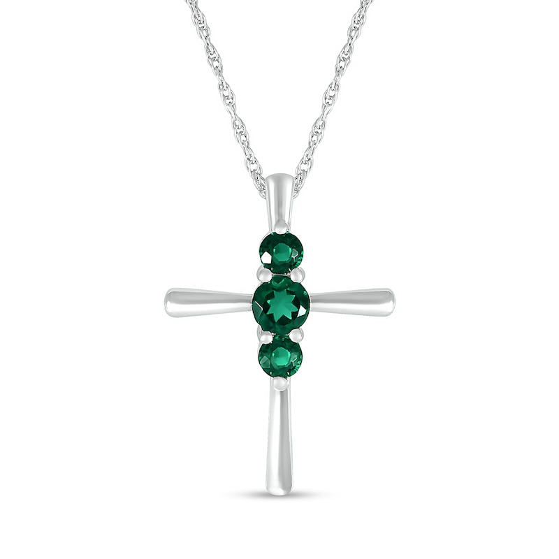 Lab-Created Emerald Vertical Three Stone Cross Pendant in Sterling Silver|Peoples Jewellers