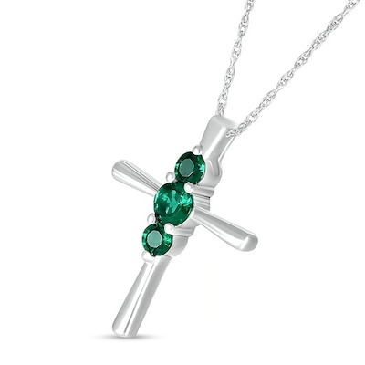 Lab-Created Emerald Vertical Three Stone Cross Pendant in Sterling Silver