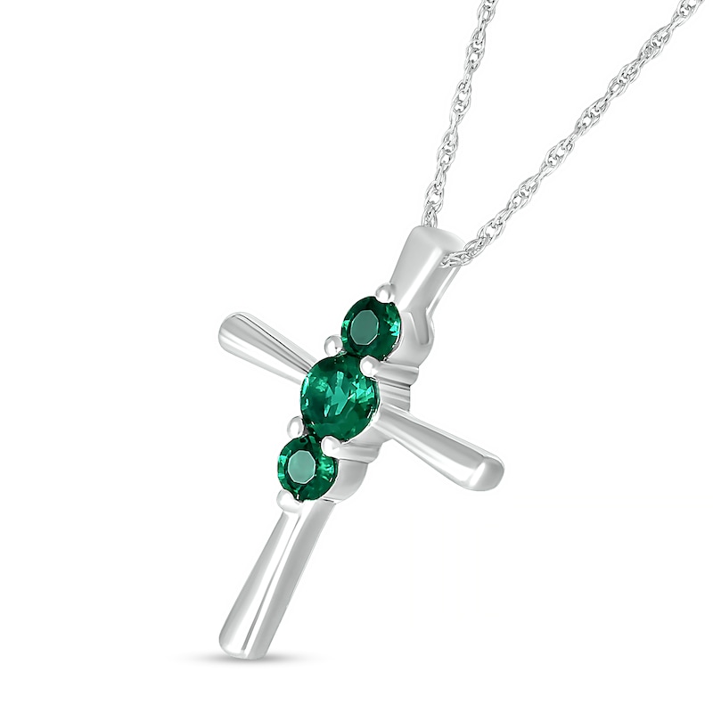 Lab-Created Emerald Vertical Three Stone Cross Pendant in Sterling Silver|Peoples Jewellers