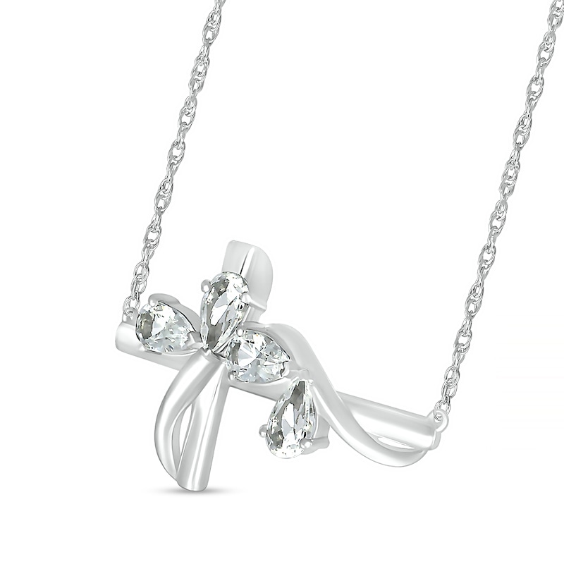 Pear-Shaped White Lab-Created Sapphire Four Stone Scatter with Ribbon Overlay Sideways Cross Necklace in Sterling Silver|Peoples Jewellers