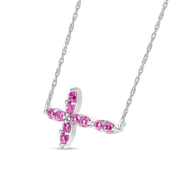 Pink Lab-Created Sapphire Duo Marquise Sideways Cross Necklace in Sterling Silver