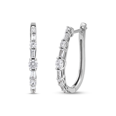 1.00 CT. T.W. Baguette and Round Diamond Alternating Oval Hoop Earrings in 10K Gold