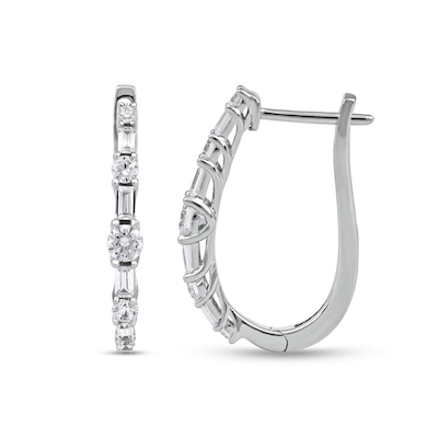 1.00 CT. T.W. Baguette and Round Diamond Alternating Oval Hoop Earrings in 10K Gold