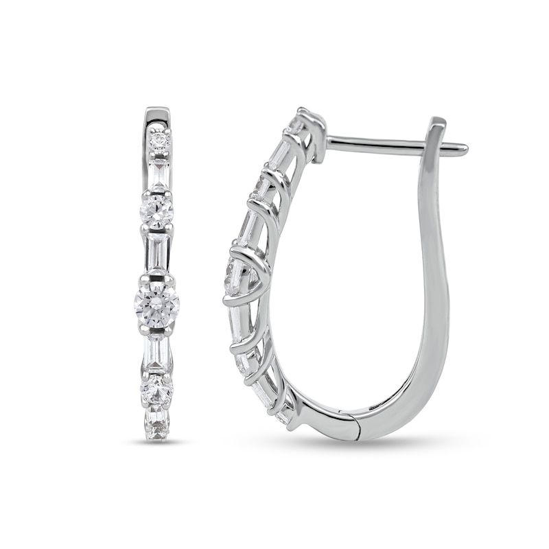 1.00 CT. T.W. Baguette and Round Diamond Alternating Oval Hoop Earrings in 10K White Gold