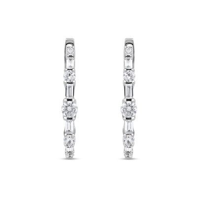 1.00 CT. T.W. Baguette and Round Diamond Alternating Oval Hoop Earrings in 10K Gold