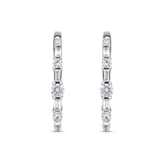 1.00 CT. T.W. Baguette and Round Diamond Alternating Oval Hoop Earrings in 10K Gold