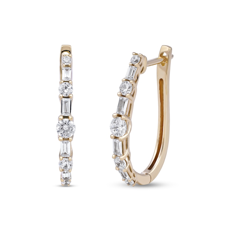 Main Image 1 of 1.00 CT. T.W. Baguette and Round Diamond Alternating Oval Hoop Earrings in 10K Gold