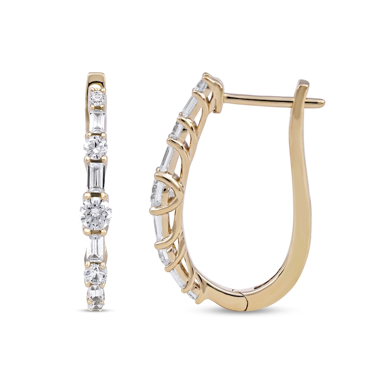 Main Image 2 of 1.00 CT. T.W. Baguette and Round Diamond Alternating Oval Hoop Earrings in 10K Gold