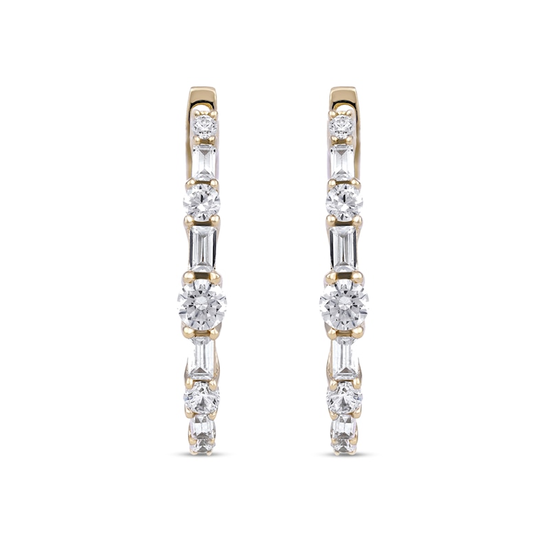 Main Image 3 of 1.00 CT. T.W. Baguette and Round Diamond Alternating Oval Hoop Earrings in 10K Gold