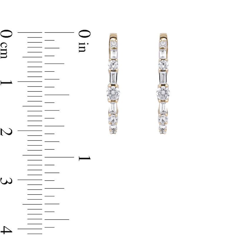 Main Image 4 of 1.00 CT. T.W. Baguette and Round Diamond Alternating Oval Hoop Earrings in 10K Gold