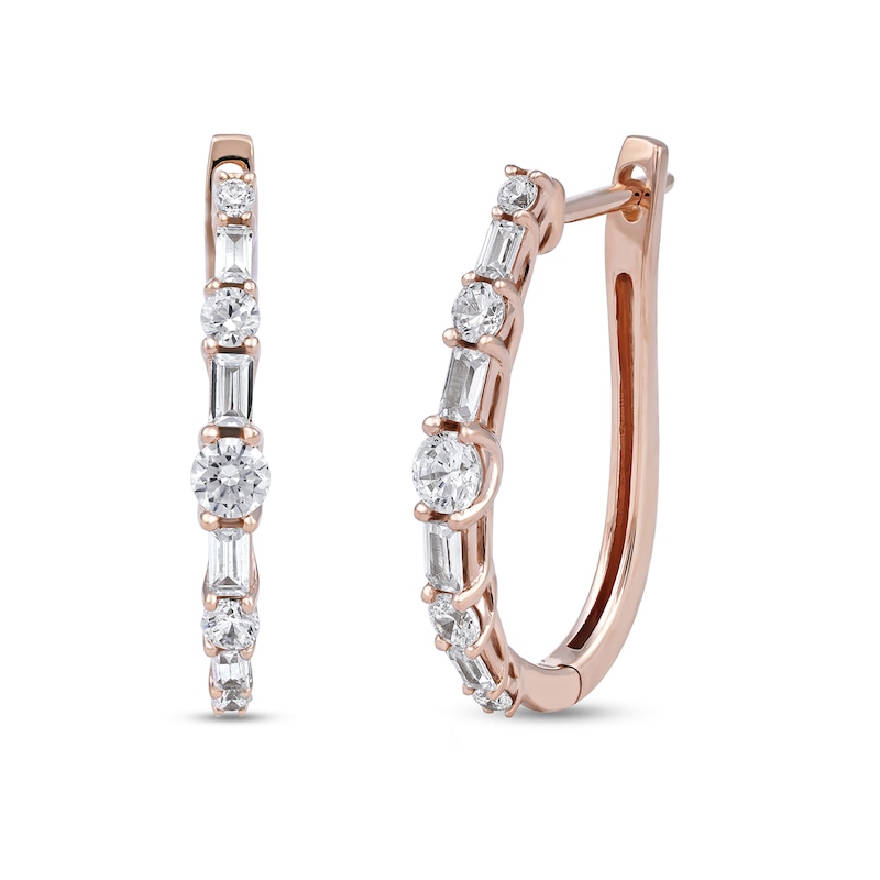 1.00 CT. T.W. Baguette and Round Diamond Alternating Oval Hoop Earrings in 10K Rose Gold|Peoples Jewellers