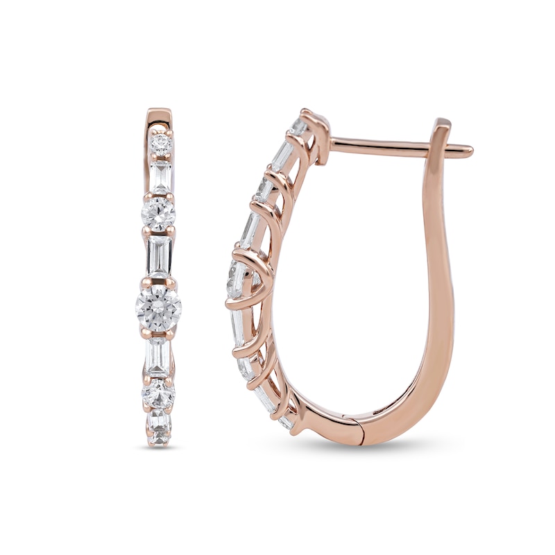 1.00 CT. T.W. Baguette and Round Diamond Alternating Oval Hoop Earrings in 10K Rose Gold|Peoples Jewellers