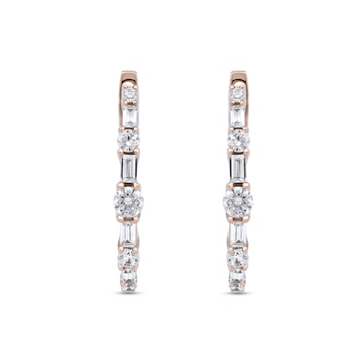 1.00 CT. T.W. Baguette and Round Diamond Alternating Oval Hoop Earrings in 10K Rose Gold