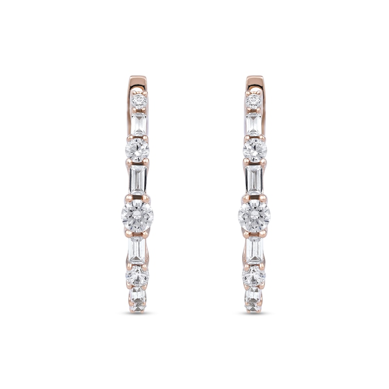 1.00 CT. T.W. Baguette and Round Diamond Alternating Oval Hoop Earrings in 10K Rose Gold|Peoples Jewellers