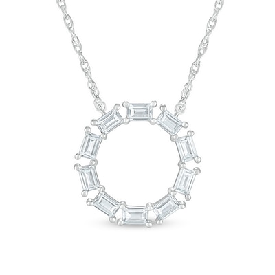 Baguette White Lab-Created Sapphire Geometric Open Circle Necklace in Sterling Silver