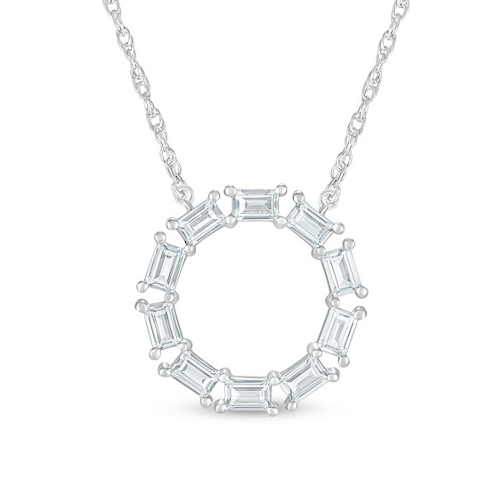 Baguette White Lab-Created Sapphire Geometric Open Circle Necklace in Sterling Silver