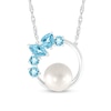 7.0mm Freshwater Cultured Pearl and Multi-Shaped Swiss Blue Topaz Scatter Open Circle Necklace in Sterling Silver