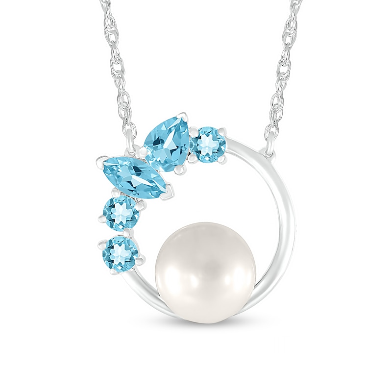 7.0mm Freshwater Cultured Pearl and Multi-Shaped Swiss Blue Topaz Scatter Open Circle Necklace in Sterling Silver|Peoples Jewellers