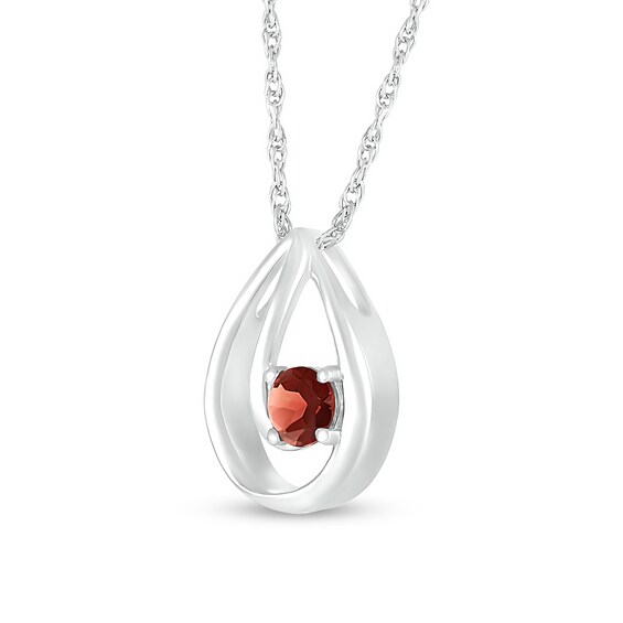 4.0mm Garnet Solitaire Swirl Ribbon Open Teardrop Pendant in 10K White Gold