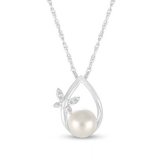 7.0mm Freshwater Cultured Pearl and Diamond Accent Butterfly Open Teardrop Pendant in Sterling Silver