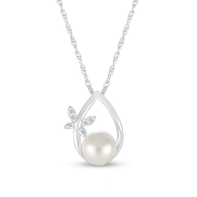 7.0mm Freshwater Cultured Pearl and Diamond Accent Butterfly Open Teardrop Pendant in Sterling Silver|Peoples Jewellers